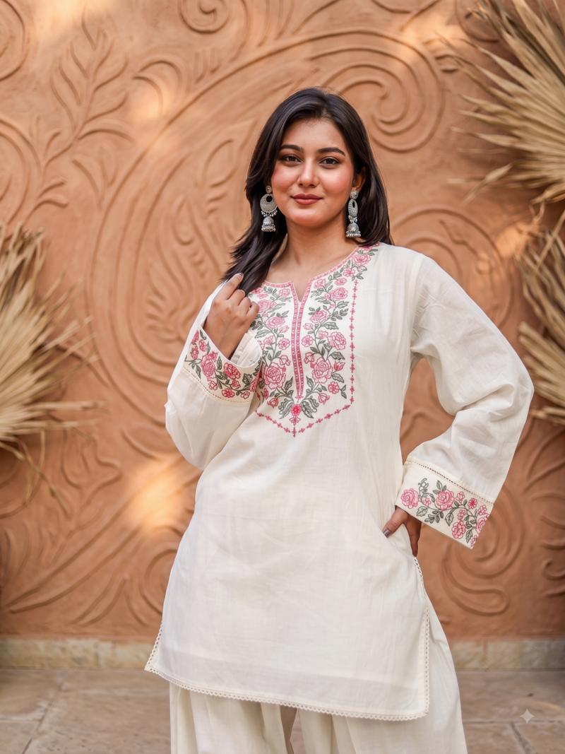 Women off white & pink floral embroidered farshi salwar suit set