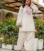 Women off white & pink floral embroidered farshi salwar suit set
