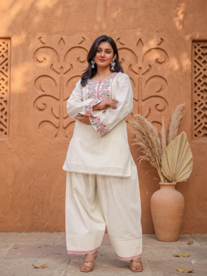 Women off white & pink floral embroidered farshi salwar suit set 3