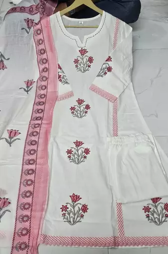 Off white pure cotton handblock floral printed kurta set with dupatta
