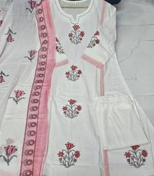 Off white pure cotton handblock floral printed kurta set with dupatta