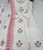 Off white pure cotton handblock floral printed kurta set with dupatta
