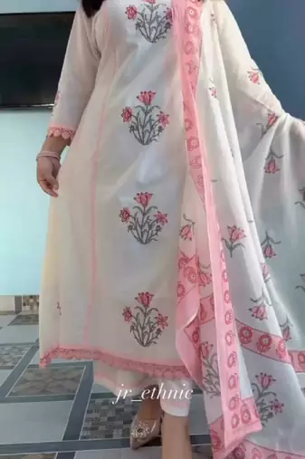 Off white pure cotton handblock floral printed kurta set with dupatta