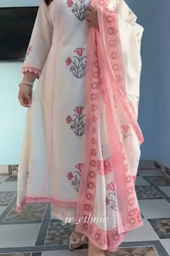 Off white pure cotton handblock floral printed kurta set with dupatta