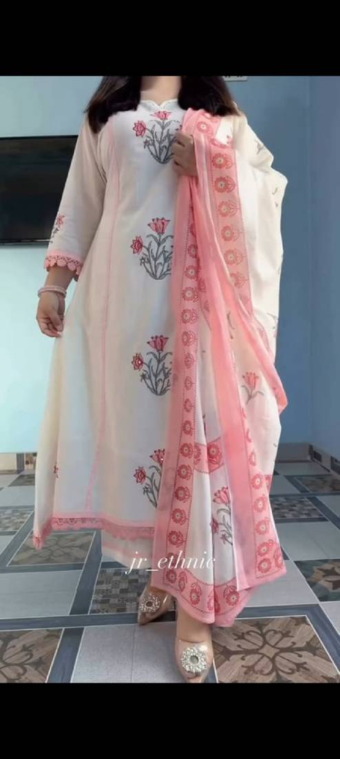 Off white pure cotton handblock floral printed kurta set with dupatta