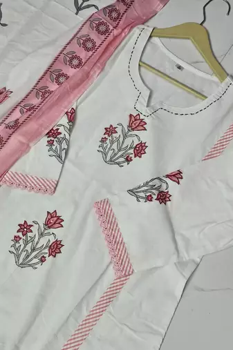 Off white pure cotton handblock floral printed kurta set with dupatta