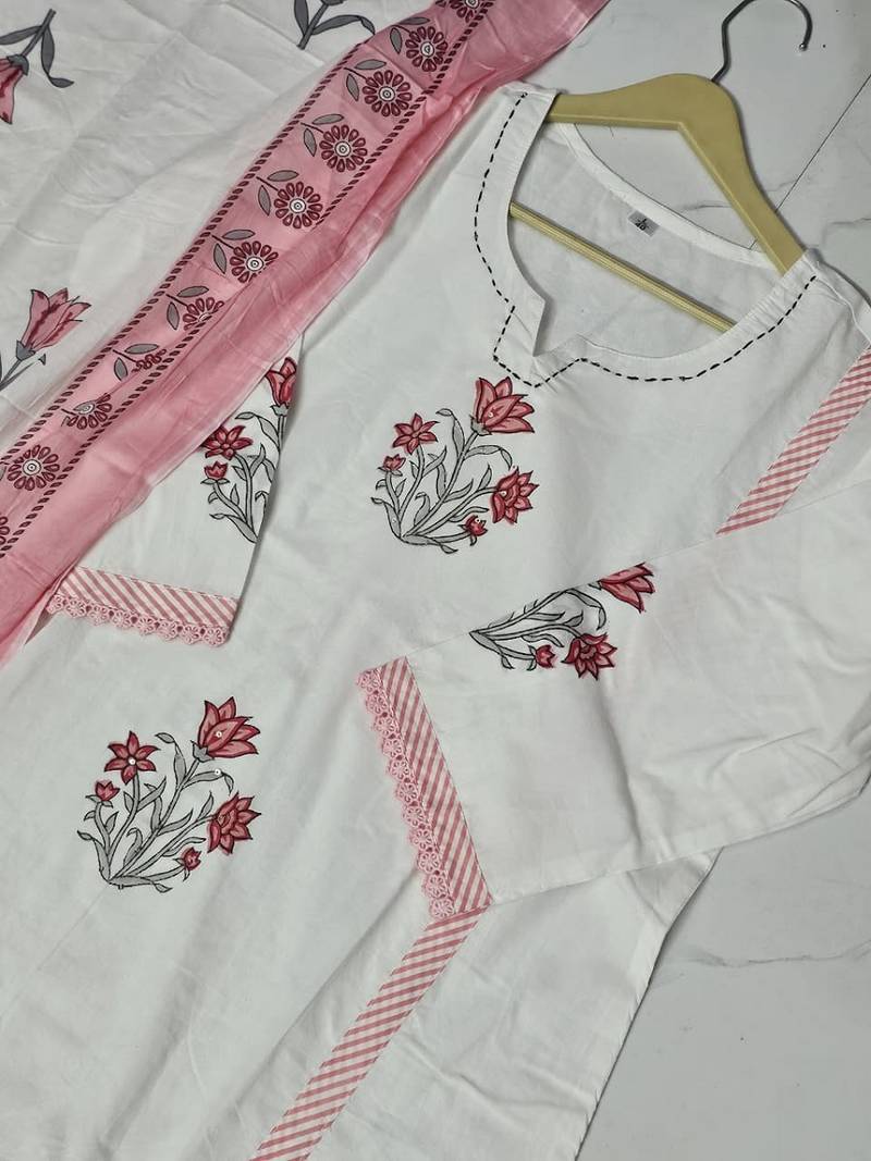 Off white pure cotton handblock floral printed kurta set with dupatta