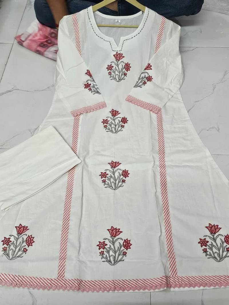 Off white pure cotton handblock floral printed kurta set with dupatta