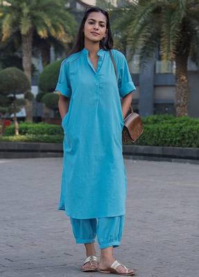 Sky blue cotton plain kurta afghani pant set 1