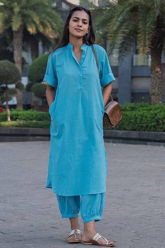 Sky blue cotton plain kurta afghani pant set