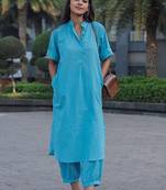 Sky blue cotton plain kurta afghani pant set