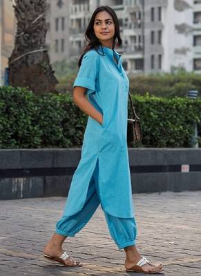 Sky blue cotton plain kurta afghani pant set 2