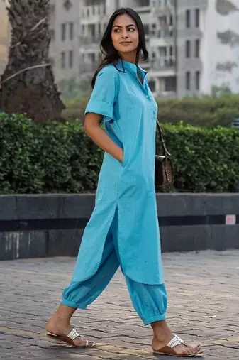 Sky blue cotton plain kurta afghani pant set
