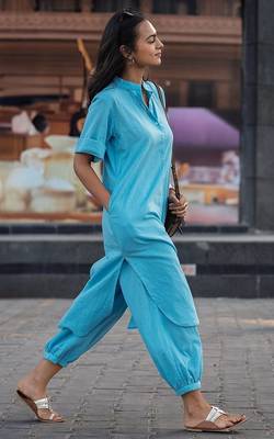 Sky blue cotton plain kurta afghani pant set 3