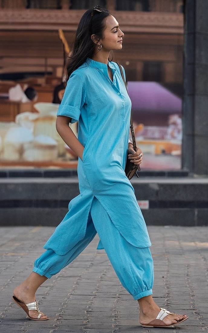 Sky blue cotton plain kurta afghani pant set