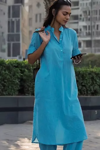 Sky blue cotton plain kurta afghani pant set