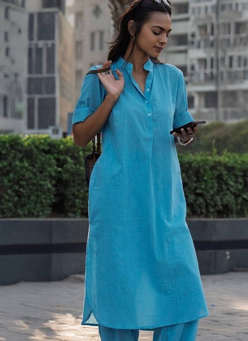 Sky blue cotton plain kurta afghani pant set
