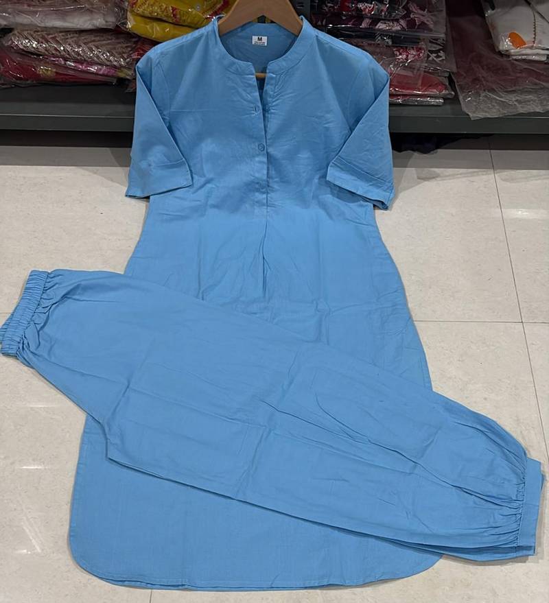 Sky blue cotton plain kurta afghani pant set
