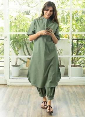 Green cotton plain kurta afghani pant set 1