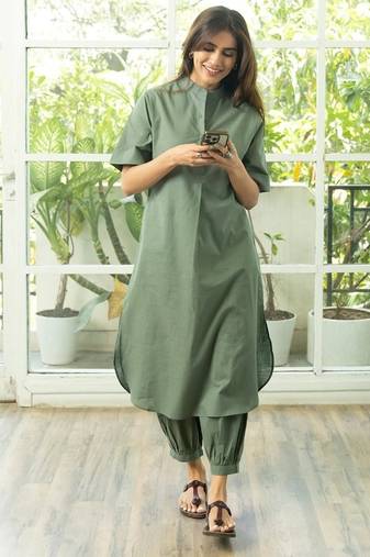 Green cotton plain kurta afghani pant set