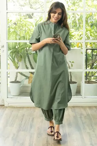 Green cotton plain kurta afghani pant set