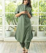 Green cotton plain kurta afghani pant set