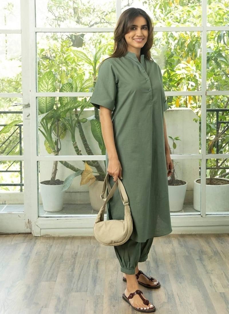 Green cotton plain kurta afghani pant set