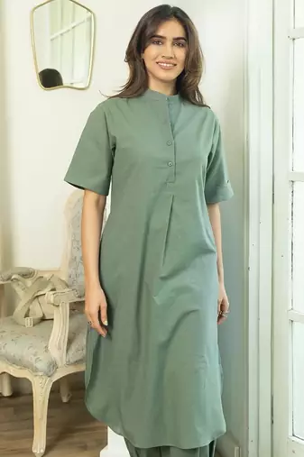 Green cotton plain kurta afghani pant set