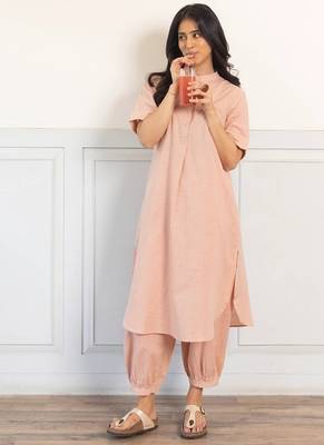 Beige cotton plain kurta afghani pant set 1