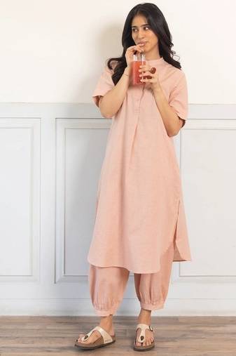Beige cotton plain kurta afghani pant set