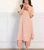 Beige cotton plain kurta afghani pant set