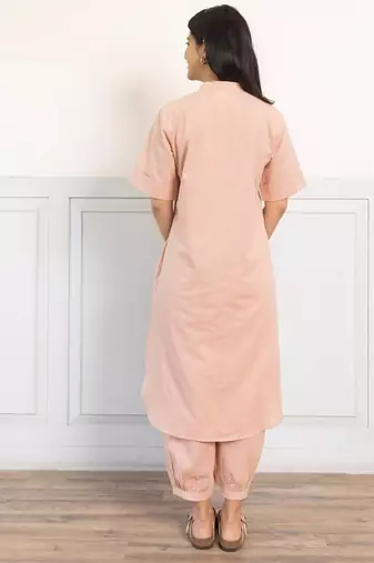 Beige cotton plain kurta afghani pant set