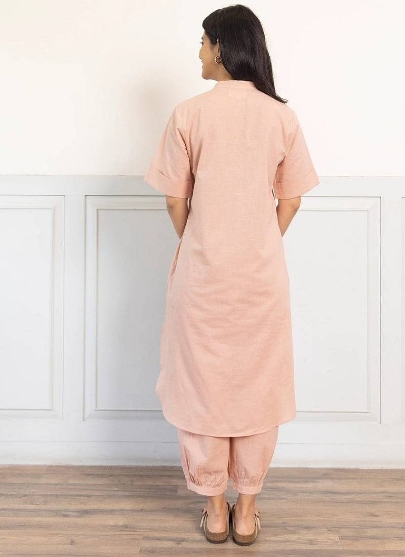 Beige cotton plain kurta afghani pant set