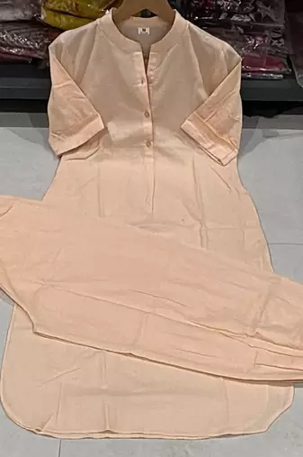 Beige cotton plain kurta afghani pant set