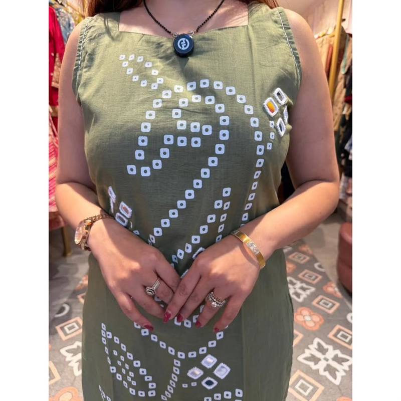 Green pure cotton mirror work bandhani printed kurta set