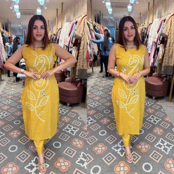 Yellow pure cotton mirror work bandhani printed kurta set 1