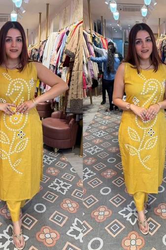 Yellow pure cotton mirror work bandhani printed kurta set