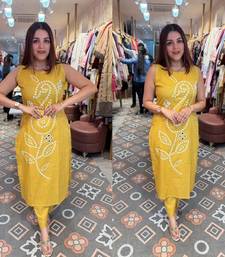 Yellow pure cotton mirror work bandhani printed kurta set