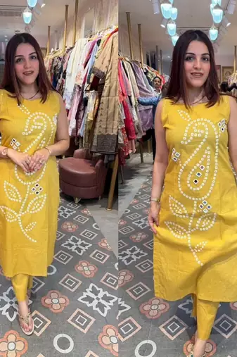 Yellow pure cotton mirror work bandhani printed kurta set