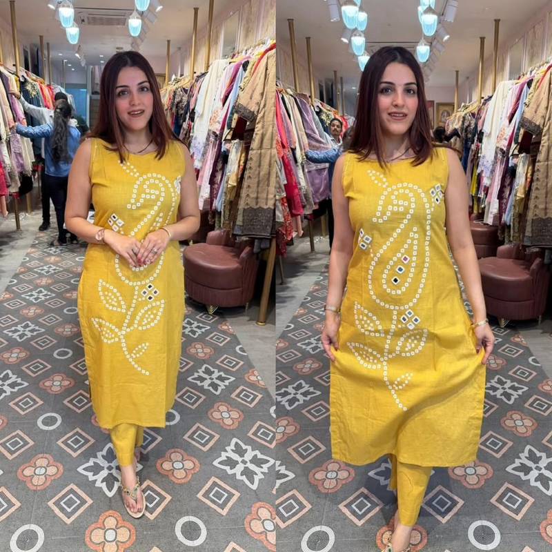 Yellow pure cotton mirror work bandhani printed kurta set