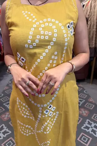 Yellow pure cotton mirror work bandhani printed kurta set
