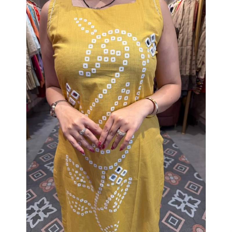 Yellow pure cotton mirror work bandhani printed kurta set