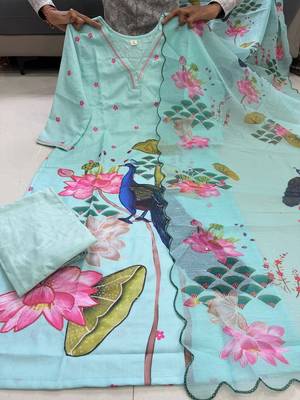 Green floral printed hand katha work linen kurta set with dupatta 1