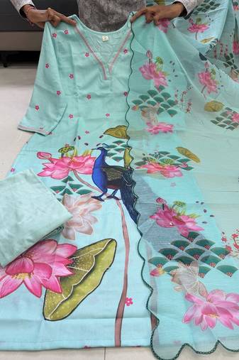 Green floral printed hand katha work linen kurta set with dupatta