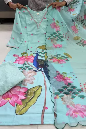 Green floral printed hand katha work linen kurta set with dupatta