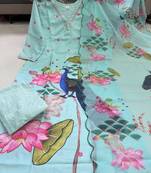 Green floral printed hand katha work linen kurta set with dupatta