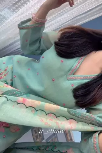 Green floral printed hand katha work linen kurta set with dupatta