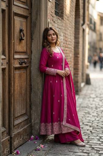 rani pink color embroidery sequin work silk blend gown set