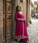 rani pink color embroidery sequin work silk blend gown set