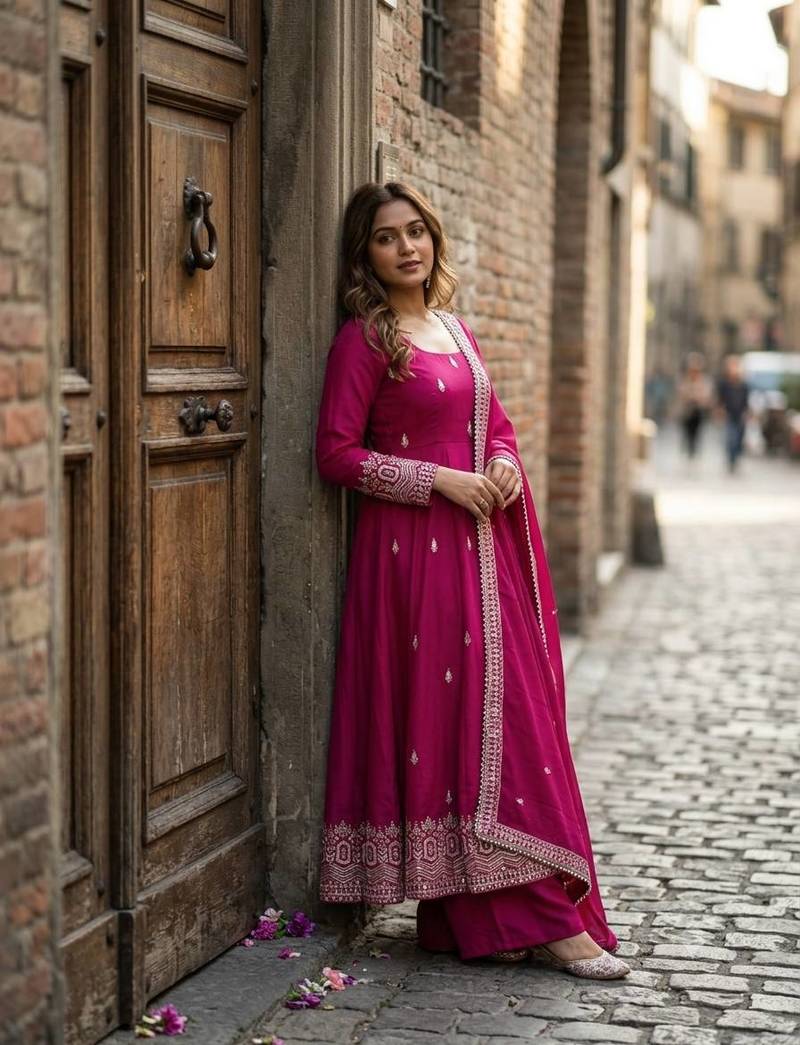 rani pink color embroidery sequin work silk blend gown set